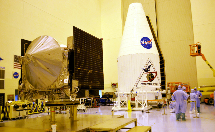 The OSIRIS-REx spacecraft and its Atlas V rocket fairing inside NASA's Payload Hazardous Servicing Facility