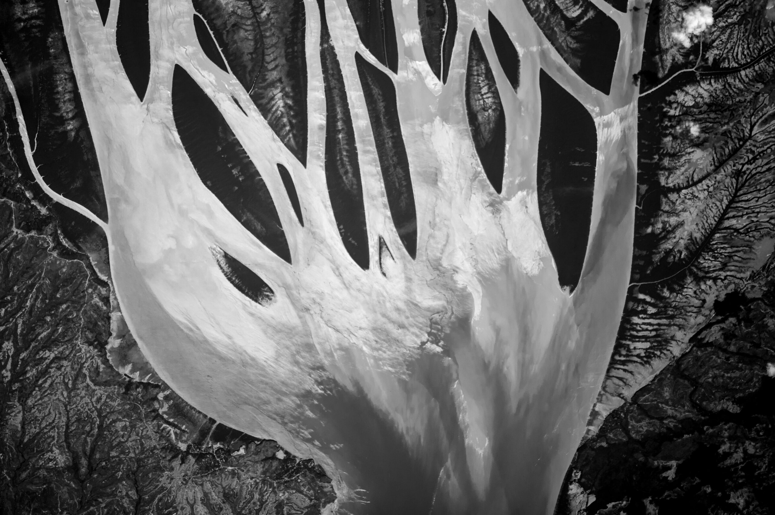 Betisboka River delta in Madagascar in black and white