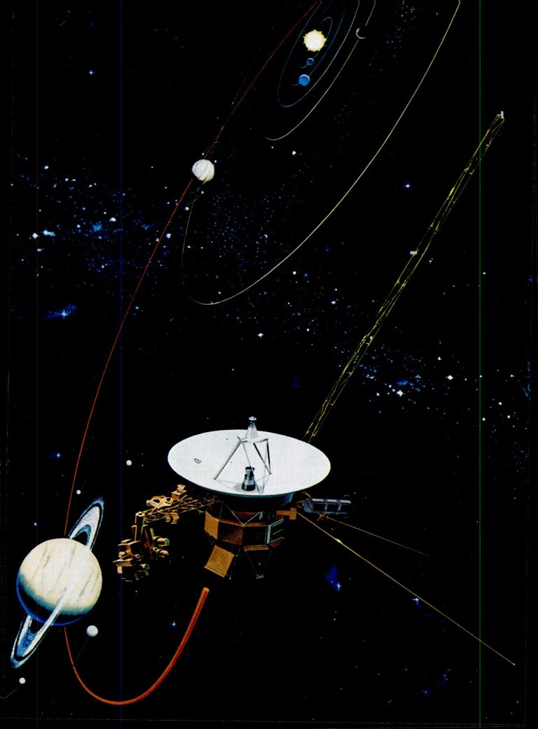 Voyager 1 flying past Saturn, with Jupiter and the inner solar system visible in the background
