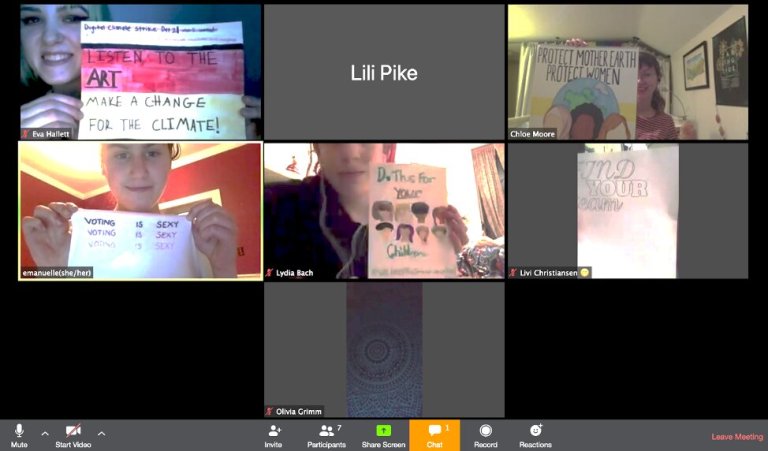 Youth climate activists gathered online on a Saturday night in early April to make posters in preparation for the Earth Day march.