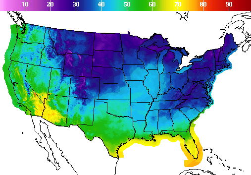 a map of temperatures across the US, showing very low temperatures in the northeast, mid-atlantic, and midwest
