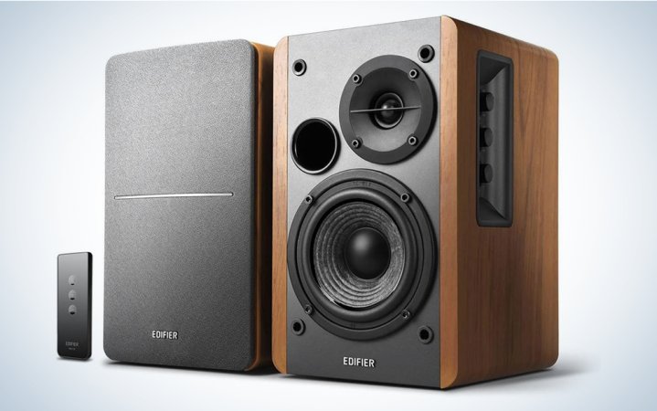  Edifer R1280T budget bookshelf speakers in brown with remote