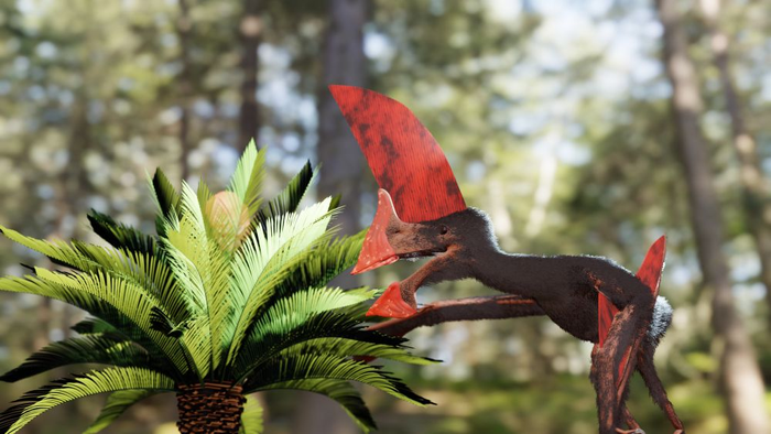 A bird-like brown dinosaur with a huge red crest on its head, in a jungle.