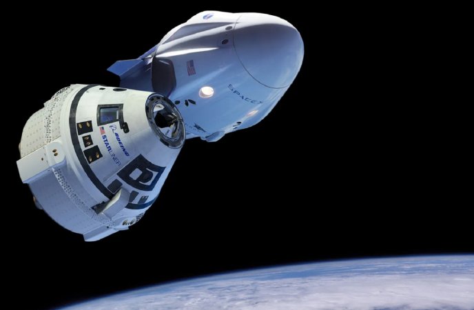 Boeing Starliner and SpaceX Crew Dragon NASA space capsules flying over Earth