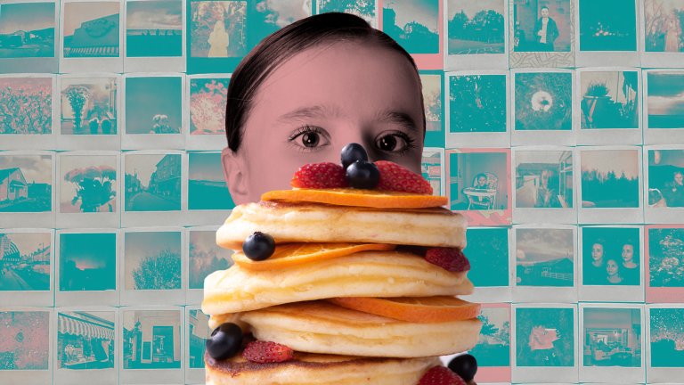 A young child hiding behind a stack of pancakes with syrup and fruit on a background of old polaroids