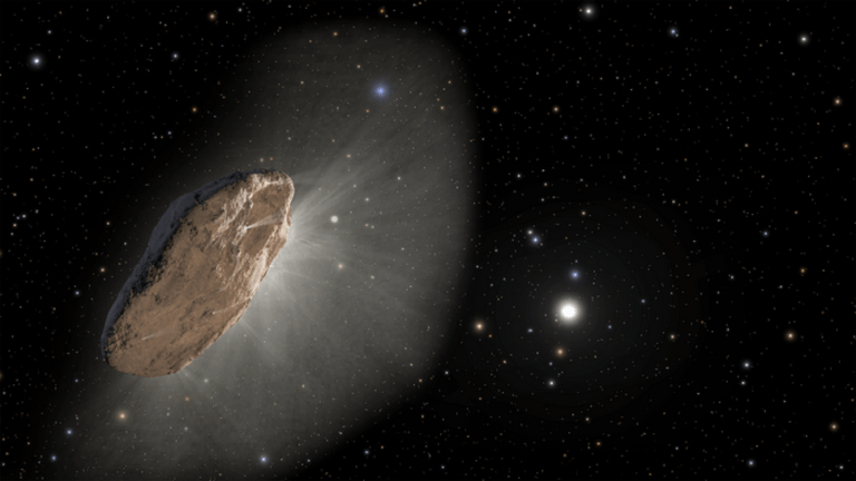 Oumuamua, which is either a comet or an alien spaceship, giving off hydrogen gas as it passes through the sun's cosmic rays. Illustrated.