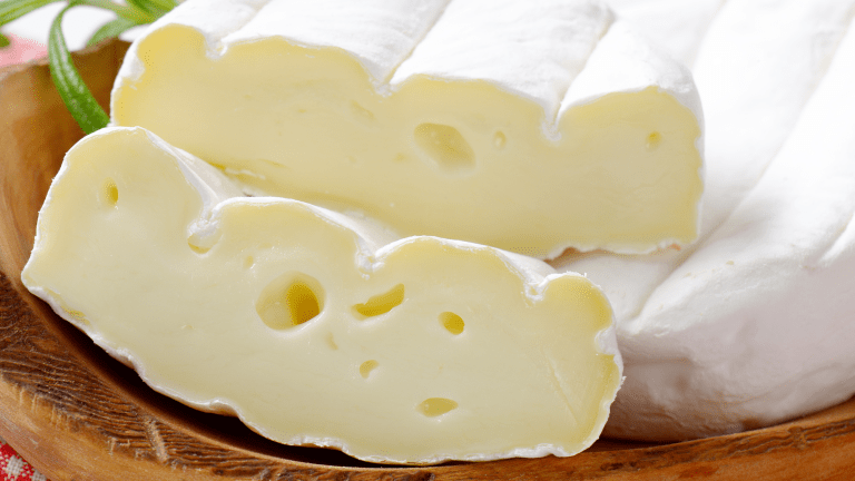 Soft brie cheeses on a plate with their rind on top.