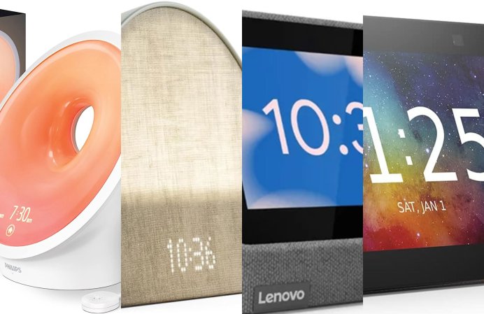 Four alarm clock product images separated horizontally by fourths