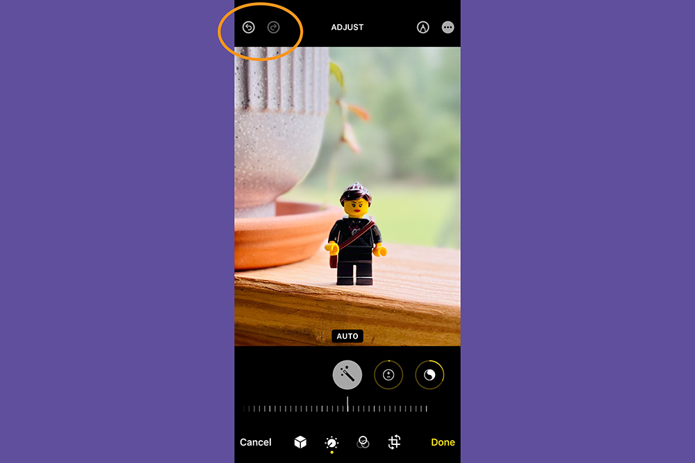 The iPhone Photos app in editing mode, showing how to undo photo edits.