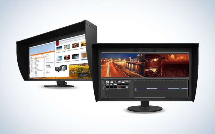  Two angles of the Eizo ColorEdge CG319X monitor for video editing are stacked next to each other against a white background.