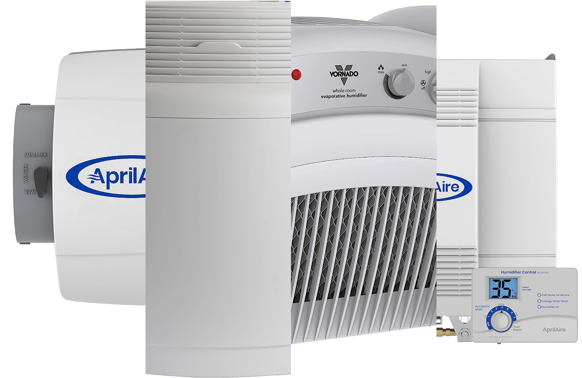 A bunch of white whole-house humidifiers sliced up and placed next to each other on an equally white background