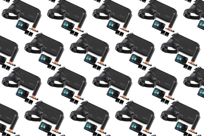 A GoPro Hero12 on a plain background in a pattern.