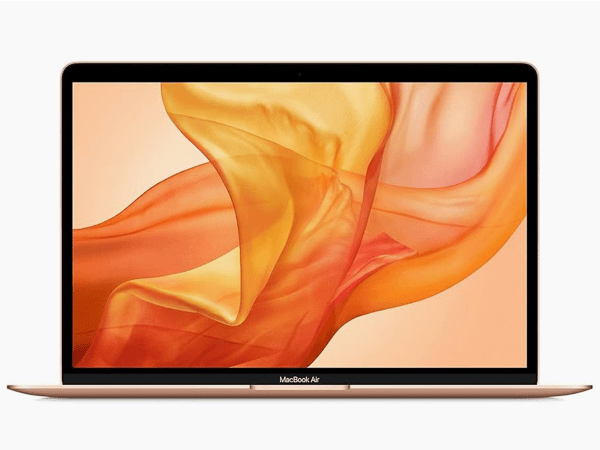 A gold 2020 MacBook Air on a plain background.