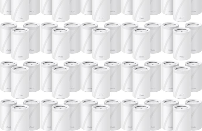 TP-Link Tri-Band WiFi 7 BE10000 Whole Home Mesh System in a tiled configuration.
