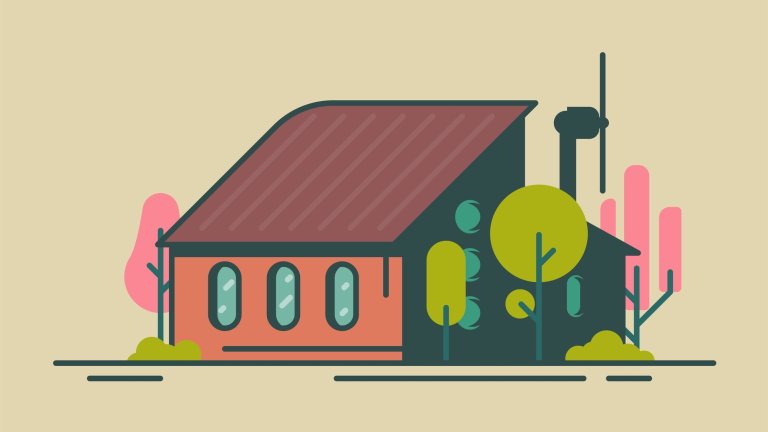 Modern eco home illustration. Building modern design. Energy conservation and wind turbine. Flat vector linear illustration. Tree and bushes. Trendy line style vector.
