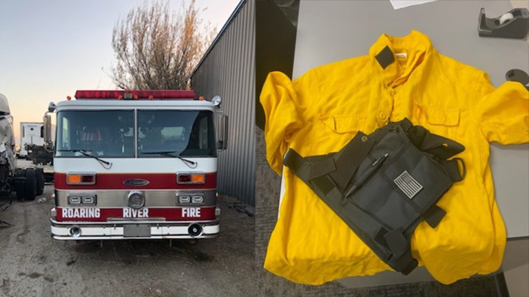 Side by side of fire truck and fire jacket