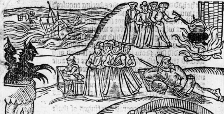 The North Berwick Witches meet the Devil in the local kirkyard, from a contemporary pamphlet, Newes from Scotland