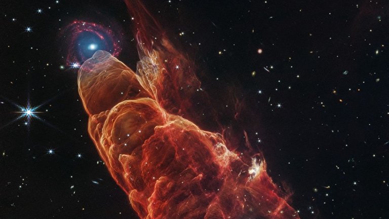 NASA’s James Webb Space Telescope observed Herbig-Haro 49/50, an outflow from a nearby still-forming star, in high-resolution near- and mid-infrared light.