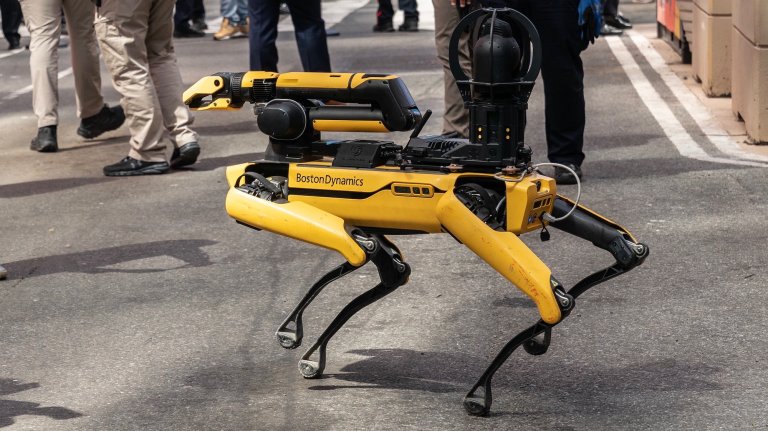 NEW YORK, UNITED STATES - 2023/04/11: Robotic device coined Digidog on display during NYPD (New York Police Department) announcement of deployment of innovative technologies on Times Square. Digidog will assist to the NYPD Technical Assistance and Response Unit. (Photo by Lev Radin/Pacific Press/LightRocket via Getty Images)