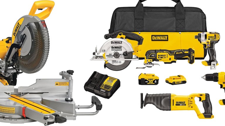 DeWalt tools on sale for Amazon Big Spring Sale on a plain background