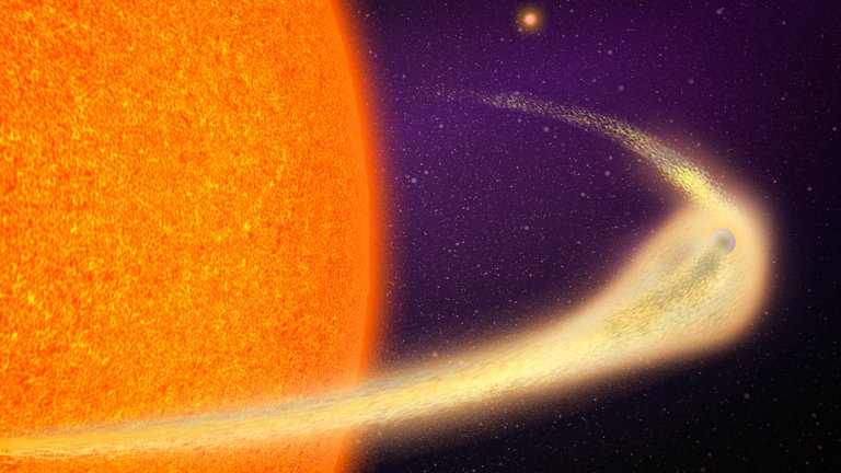 Illustration of planet disintegrating during orbit around star