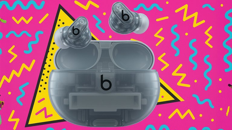 Beats studio buds plus earbuds on a bright 90s background