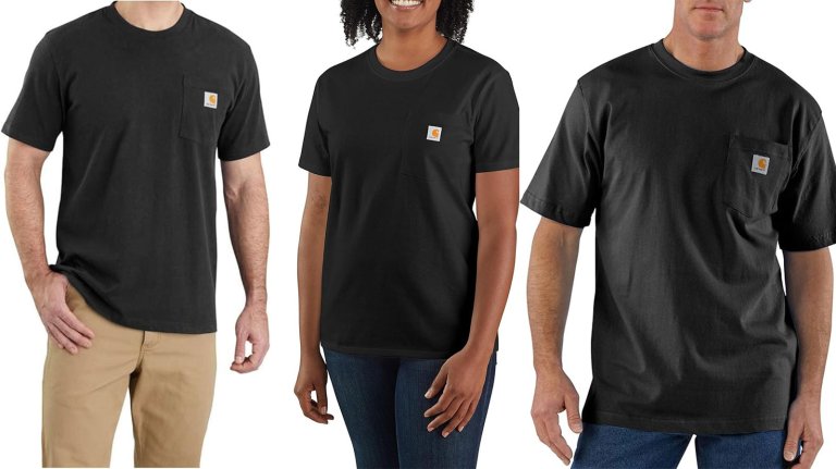 Carhartt t-shirt sale header. Three people wearing Carhartt shirts on a plain background.