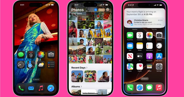 three iphones on a pink background