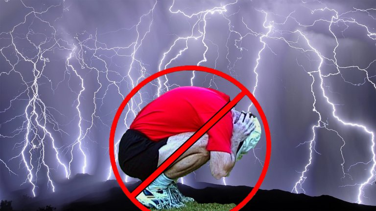 several lightning strikes in the distance. a man crouches down in a squatting position with his hands over his ears. a red circle with a line through it is over the image, indicating that this is not what to do during lightning