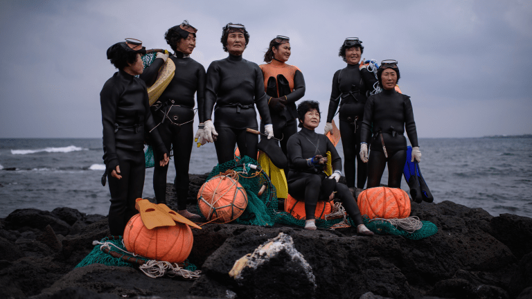 seven women in dive gear stand on black rocks above the ocean on a cloudy day